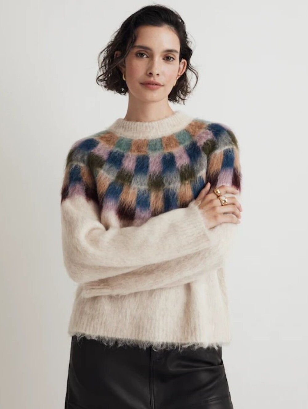 MADEWELL Brushed Checkerboard Fair Isle Oversized Sweater Cozy Size Medium